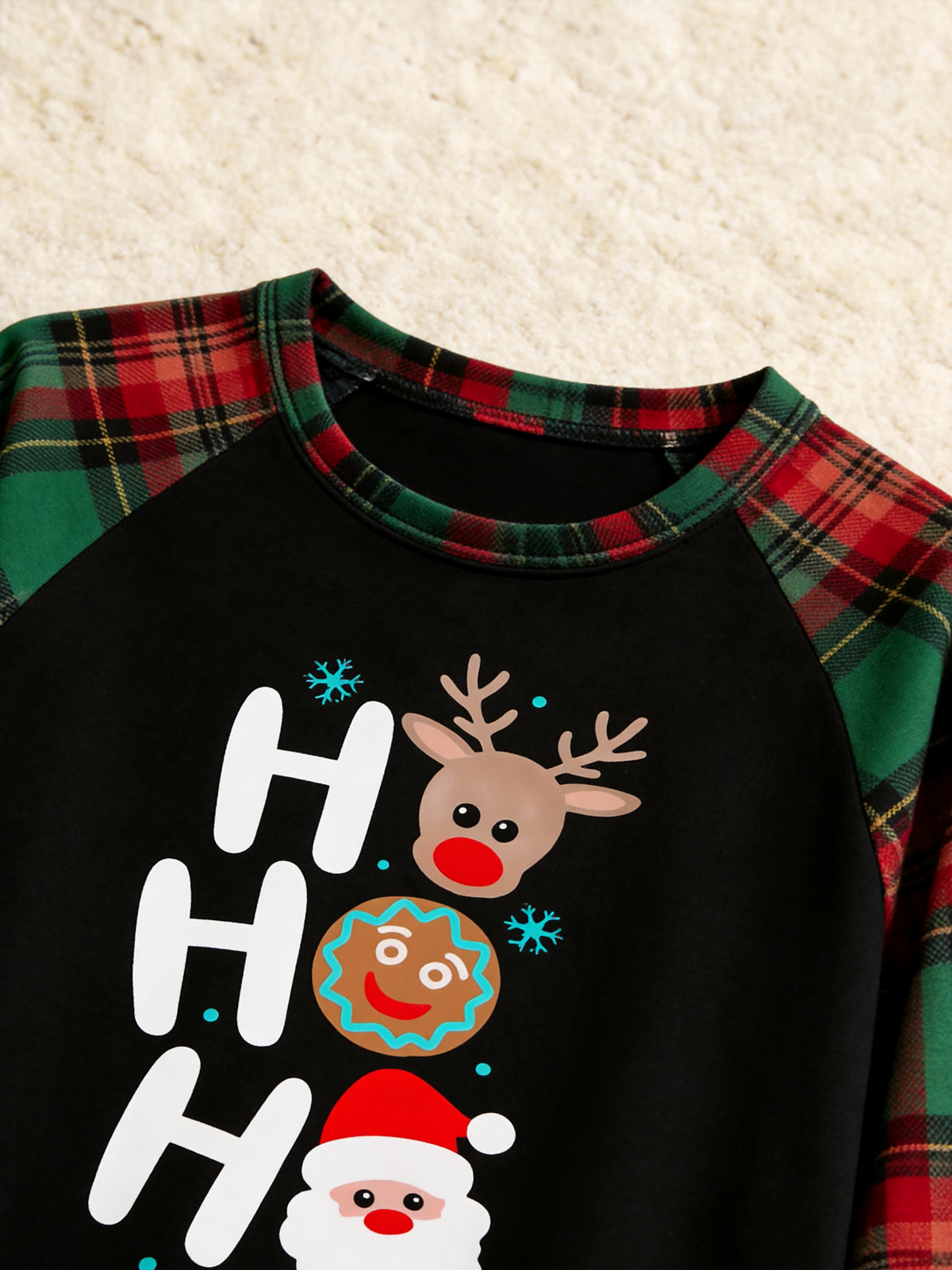 Family Christmas Matching Pajama Set - Black Long Sleeve Top with 'Ho Ho Ho' Reindeer & Santa Stack & Red Green Plaid Pants