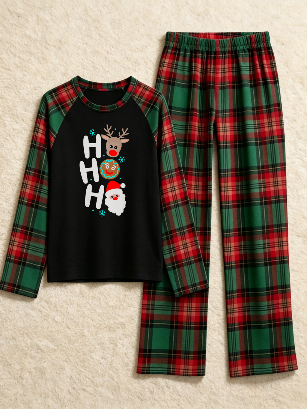 Family Christmas Matching Pajama Set - Black Long Sleeve Top with 'Ho Ho Ho' Reindeer & Santa Stack & Red Green Plaid Pants