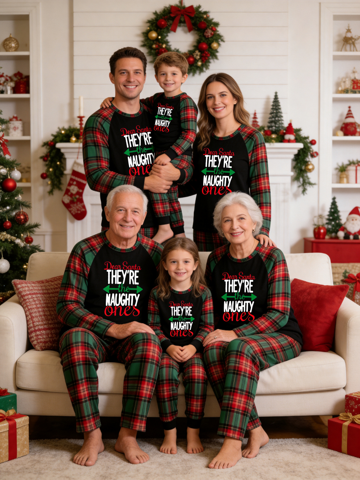 Family Christmas Matching Pajama Set - Black Long Sleeve Top with 'Dear Santa They're The Naughty Ones' & Red Green Plaid Pants