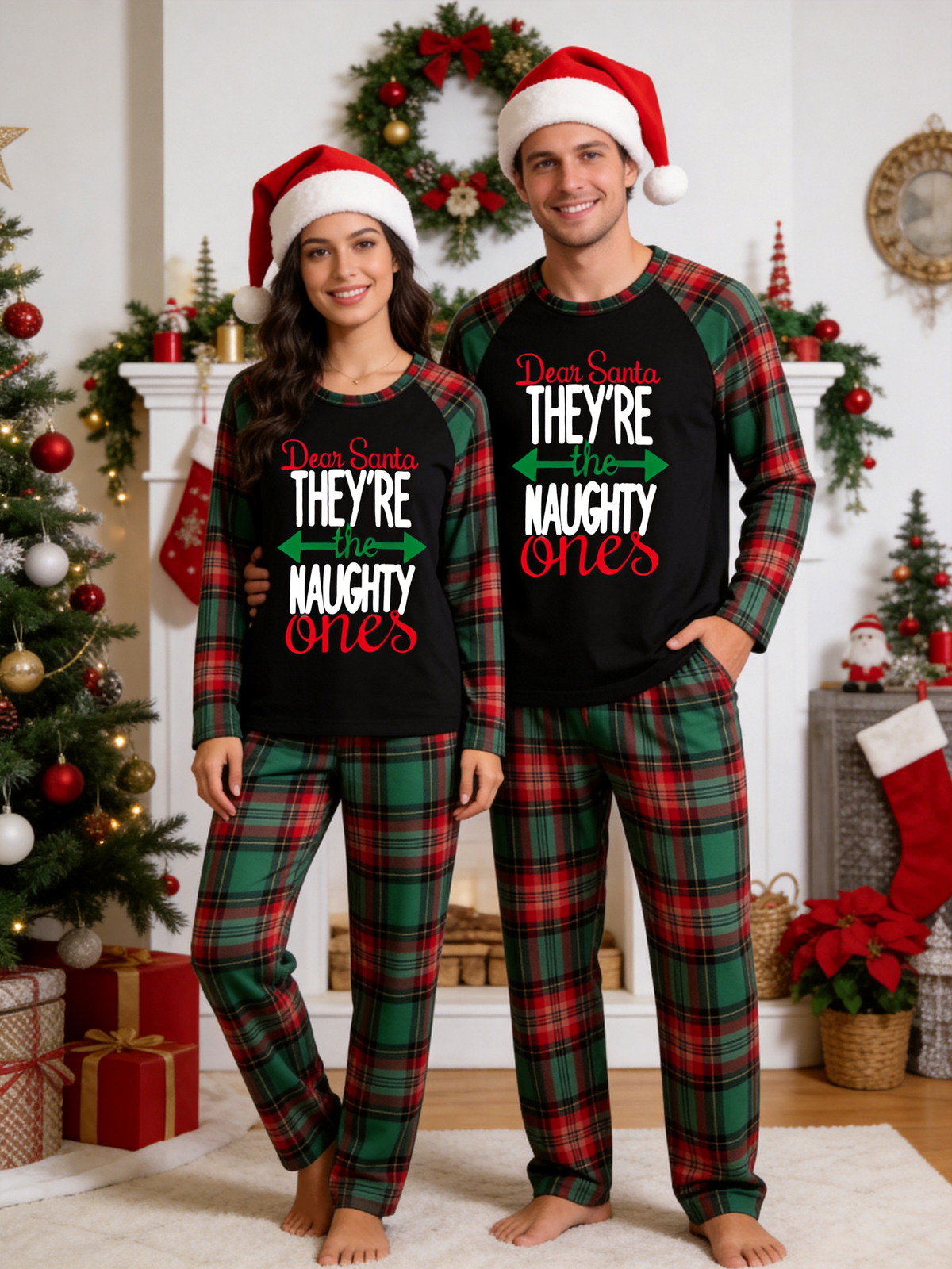 Family Christmas Matching Pajama Set - Black Long Sleeve Top with 'Dear Santa They're The Naughty Ones' & Red Green Plaid Pants