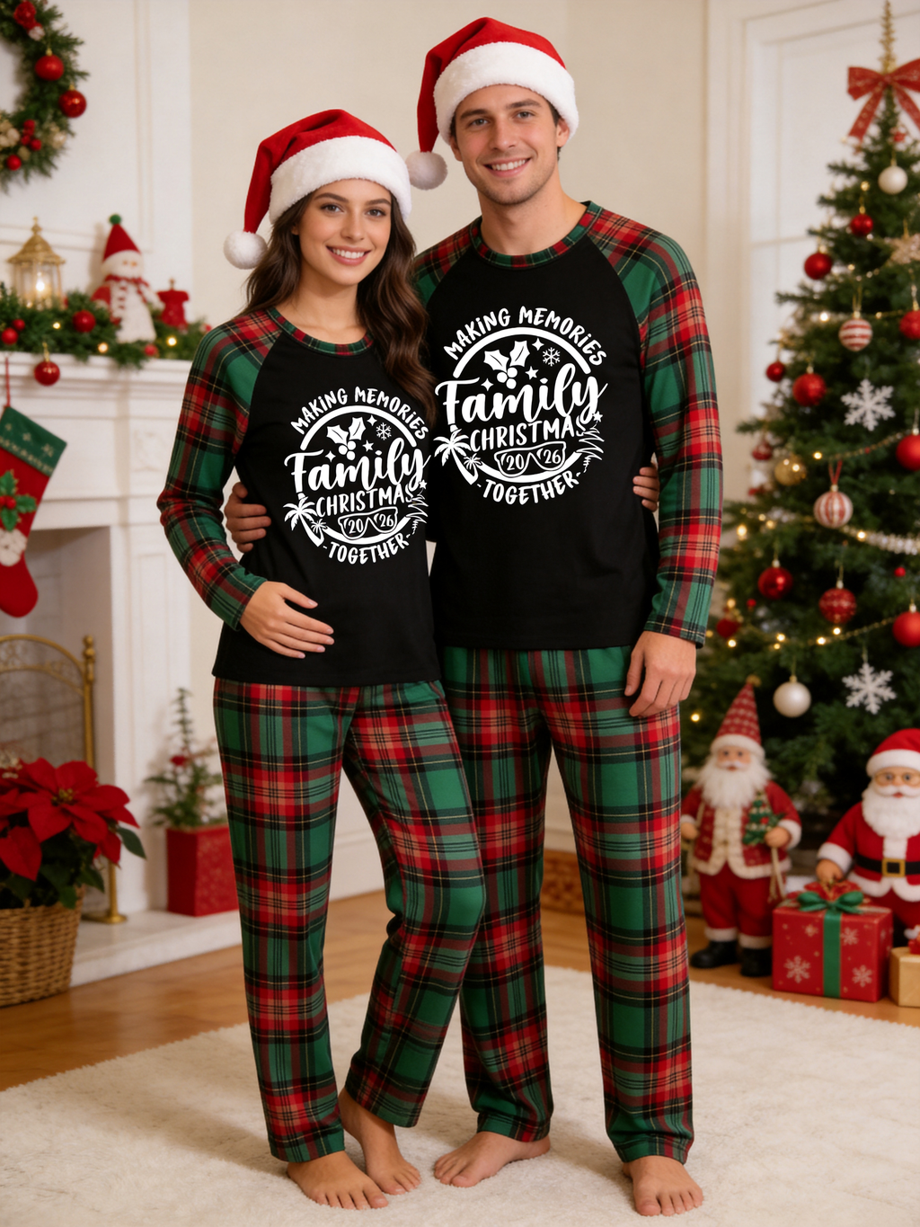 Family Christmas Matching Pajama Set - Black Long Sleeve Top with 'Making Memories Together 2026' Badge & Red Green Plaid Pants