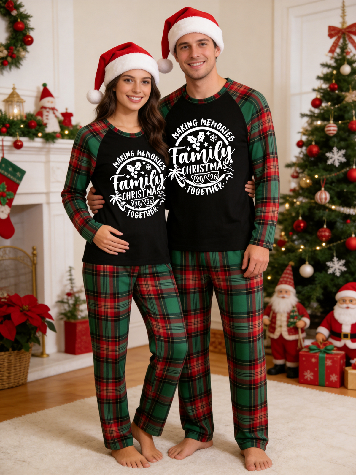 Family Christmas Matching Pajama Set - Black Long Sleeve Top with 'Making Memories Together 2026' Badge & Red Green Plaid Pants