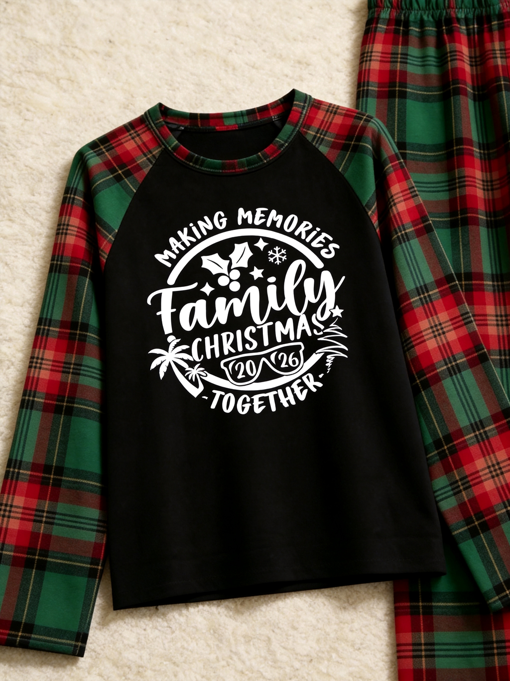 Family Christmas Matching Pajama Set - Black Long Sleeve Top with 'Making Memories Together 2026' Badge & Red Green Plaid Pants