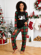 Let It Snow Inverted Snowman Graphic Black Top Red Green Plaid Family Matching Pajamas