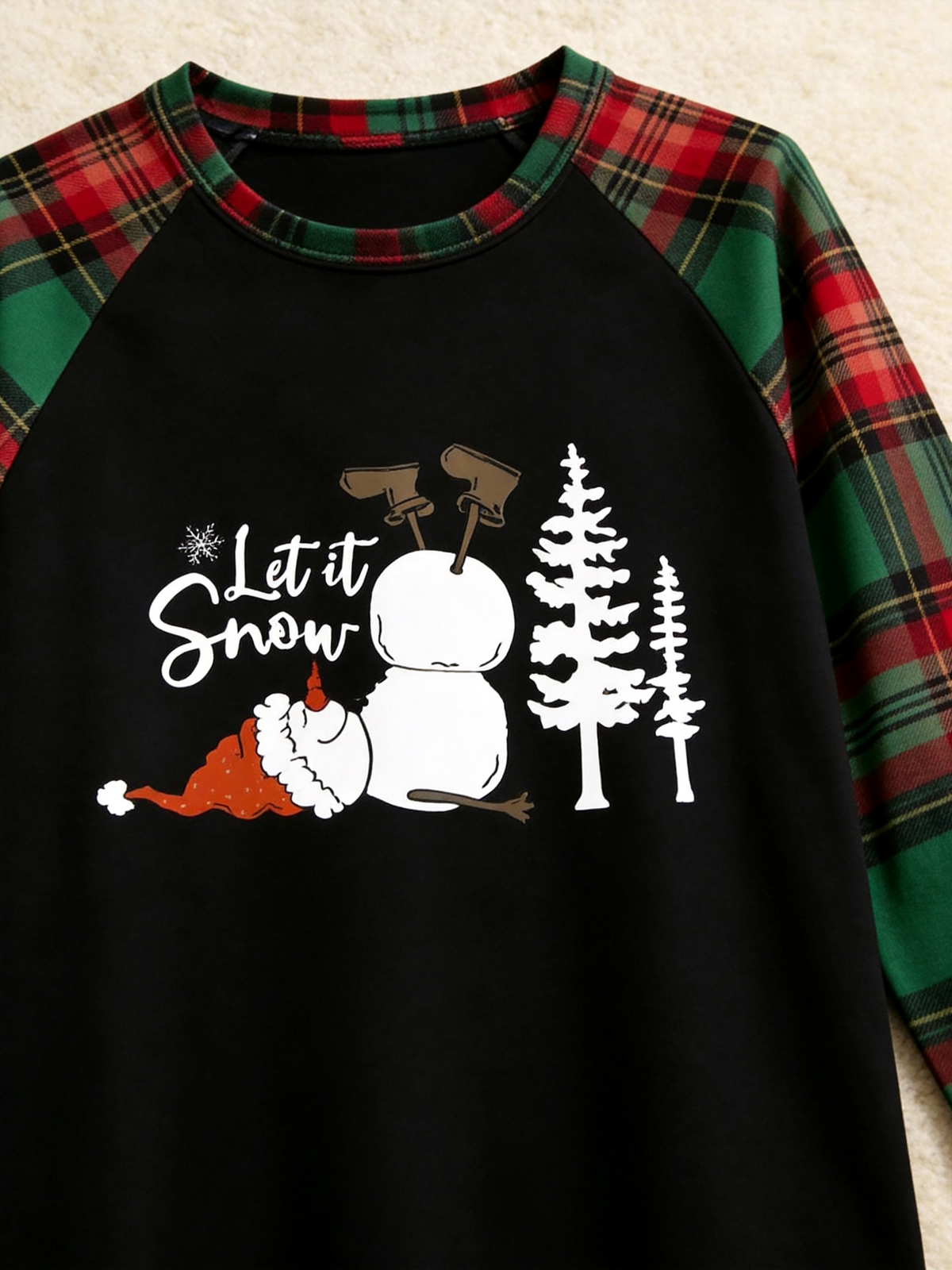 Let It Snow Inverted Snowman Graphic Black Top Red Green Plaid Family Matching Pajamas