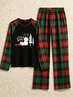 Let It Snow Inverted Snowman Graphic Black Top Red Green Plaid Family Matching Pajamas