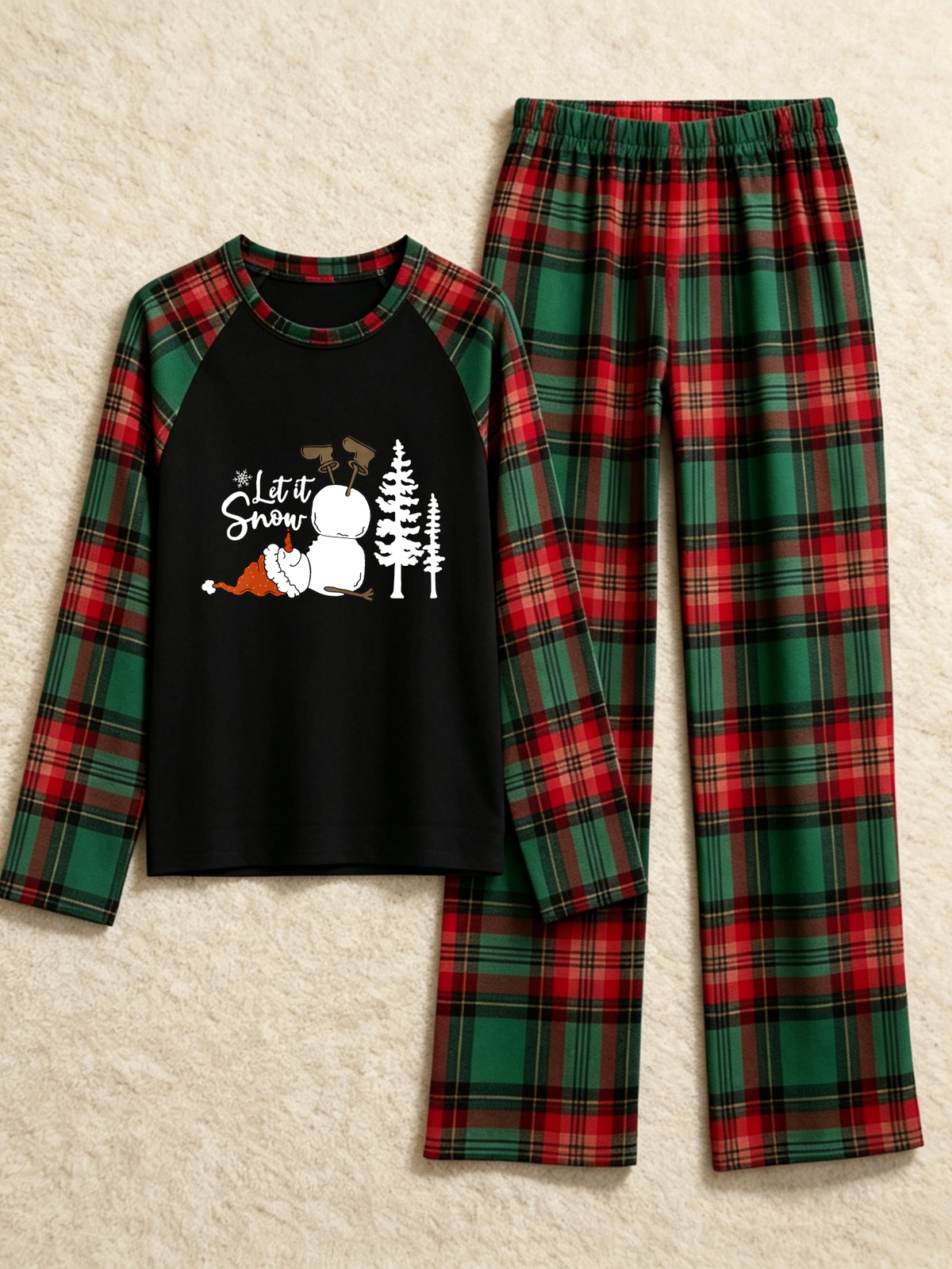 Let It Snow Inverted Snowman Graphic Black Top Red Green Plaid Family Matching Pajamas