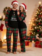 Family Christmas Matching Pajama Set - Black Long Sleeve Top with 'We Wish You A Merry Christmas' Tree & Red Green Plaid Pants