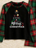 Family Christmas Matching Pajama Set - Black Long Sleeve Top with 'We Wish You A Merry Christmas' Tree & Red Green Plaid Pants