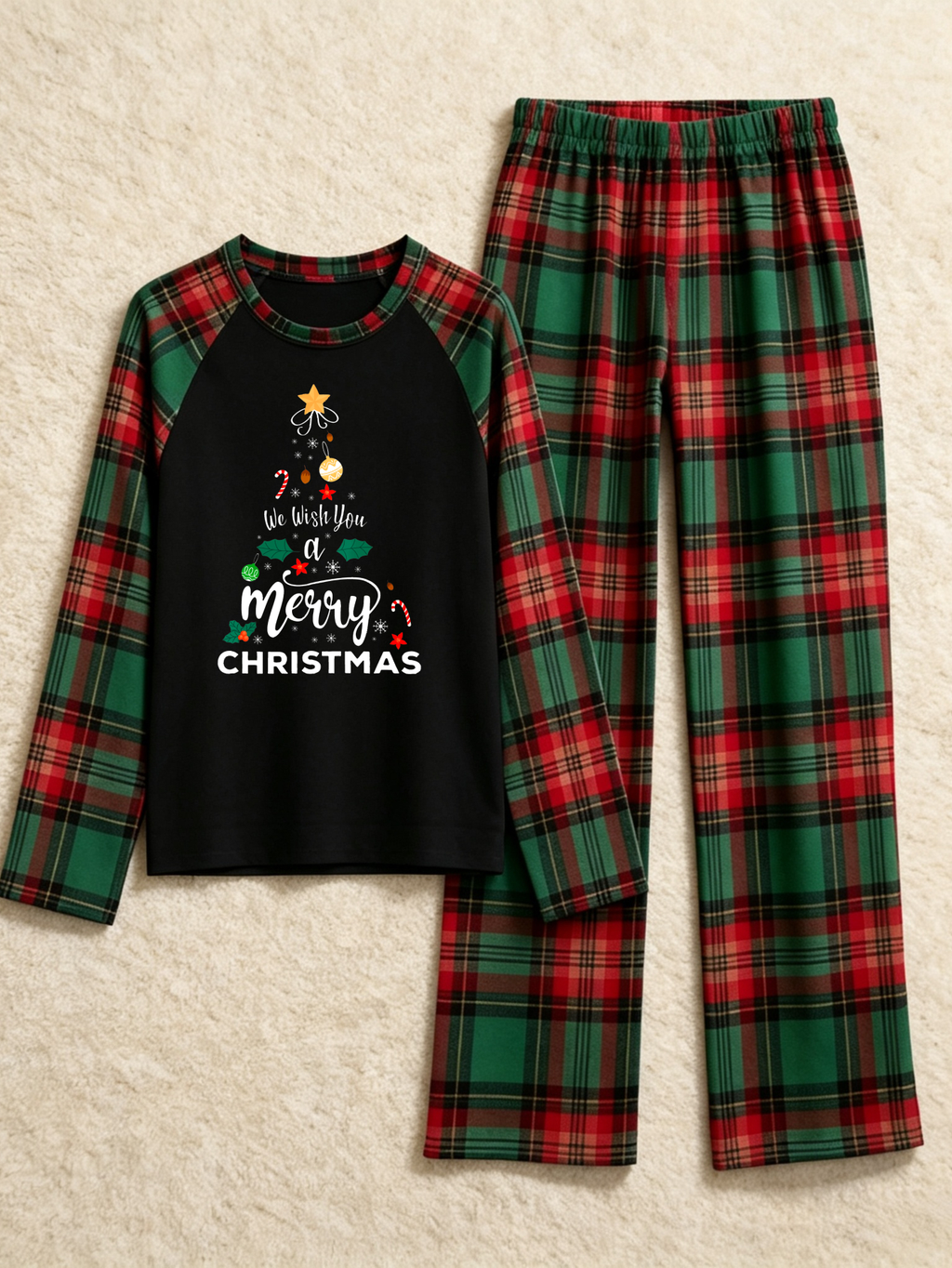 Family Christmas Matching Pajama Set - Black Long Sleeve Top with 'We Wish You A Merry Christmas' Tree & Red Green Plaid Pants