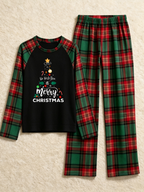 Family Christmas Matching Pajama Set - Black Long Sleeve Top with 'We Wish You A Merry Christmas' Tree & Red Green Plaid Pants