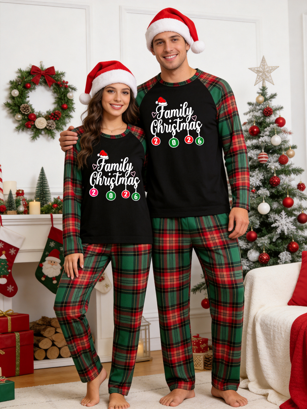 Family Christmas 2026 Hanging Ornaments Black Top Red & Green Plaid Pants Matching Holiday Pajamas