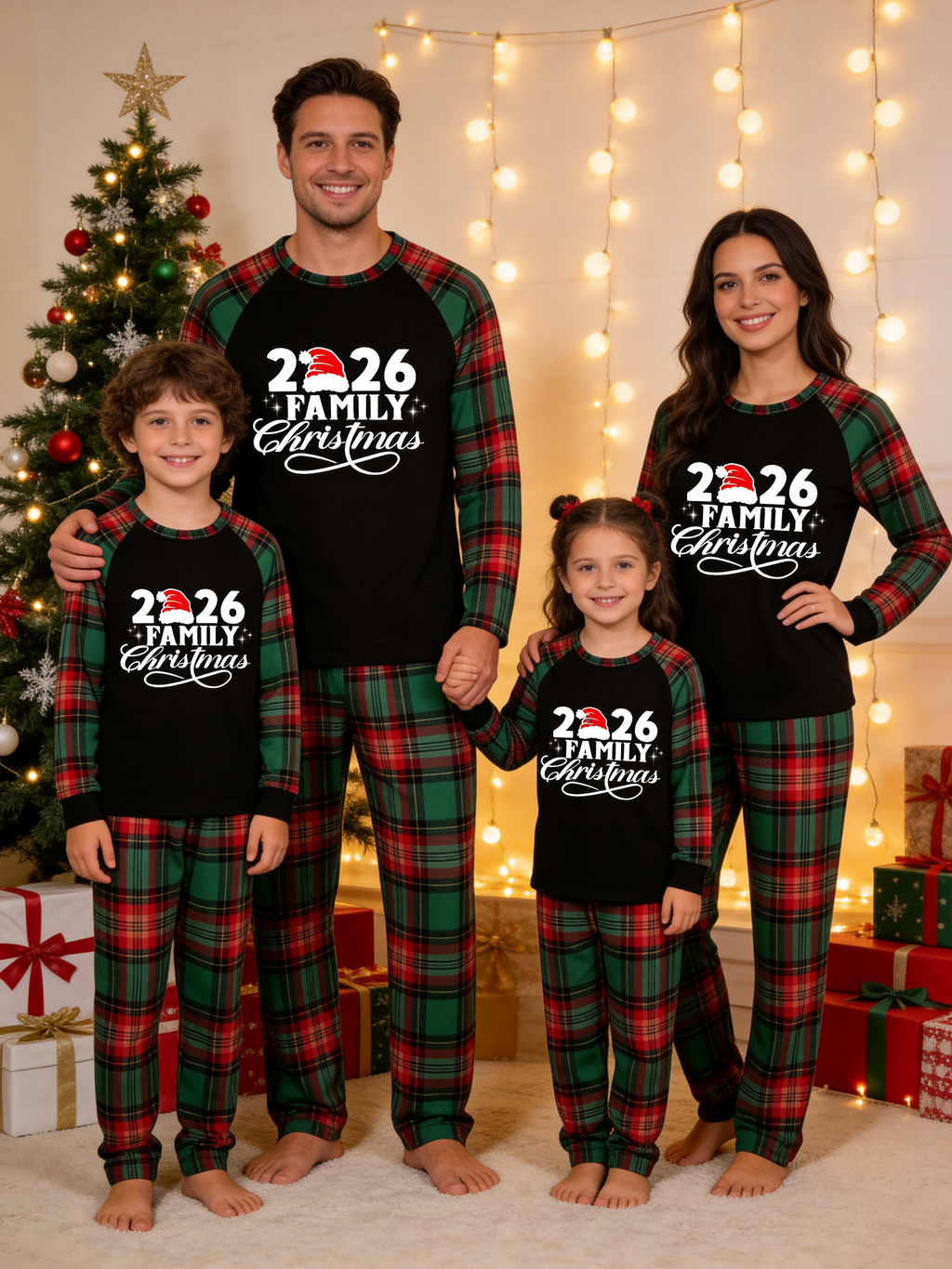 Santa Hat 2026 Family Christmas Matching Pajamas Set Red Green Tartan Plaid Pants