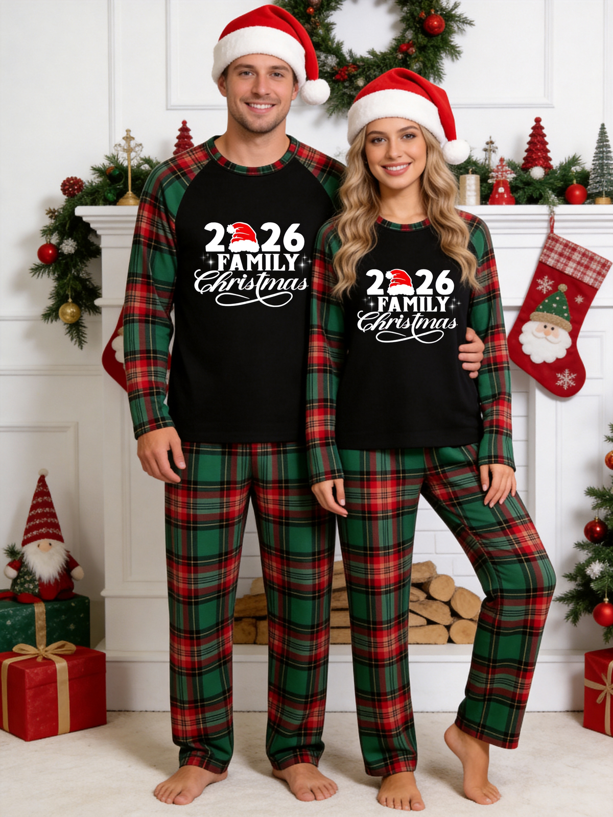 Santa Hat 2026 Family Christmas Matching Pajamas Set Red Green Tartan Plaid Pants