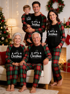Merry Christmas Santa Hat & Trees Black Top Red Green Buffalo Plaid Family Pajamas