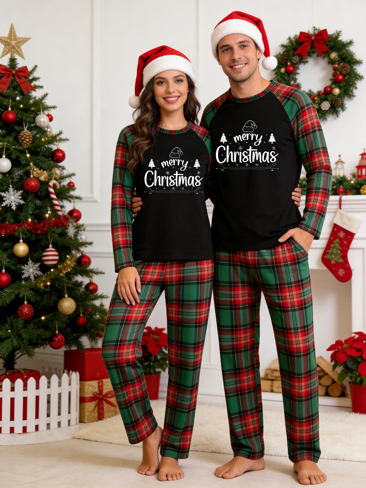 Merry Christmas Santa Hat & Trees Black Top Red Green Buffalo Plaid Family Pajamas