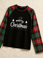 Merry Christmas Santa Hat & Trees Black Top Red Green Buffalo Plaid Family Pajamas