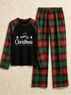Merry Christmas Santa Hat & Trees Black Top Red Green Buffalo Plaid Family Pajamas