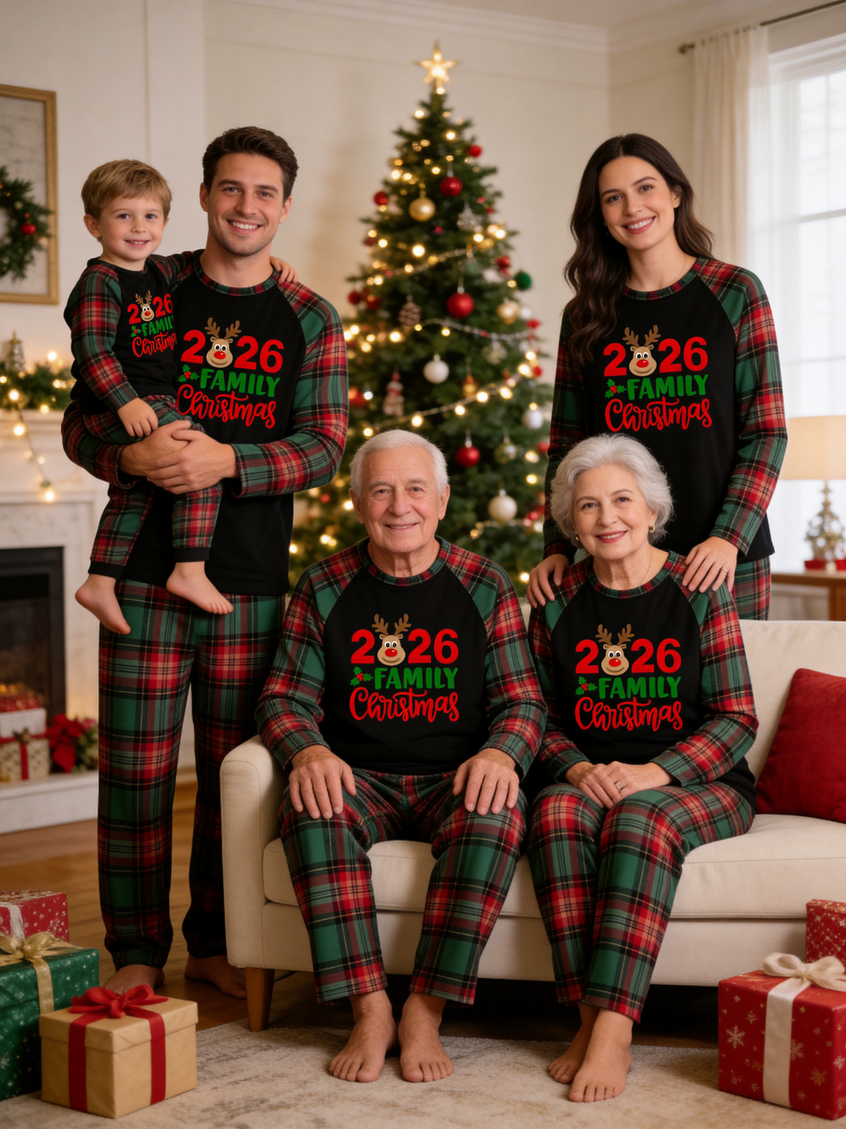 Reindeer 2026 Family Christmas Matching Holiday Sleepwear Red Green Plaid Pants