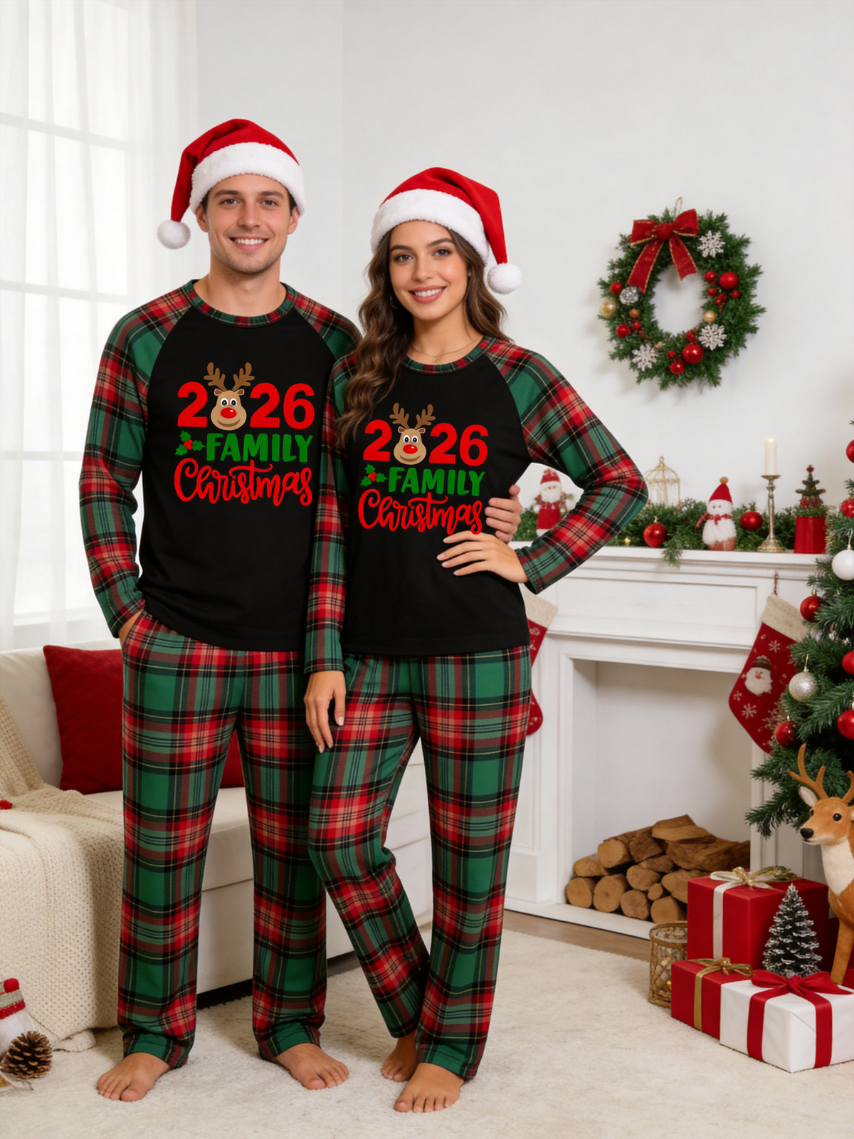 Reindeer 2026 Family Christmas Matching Holiday Sleepwear Red Green Plaid Pants