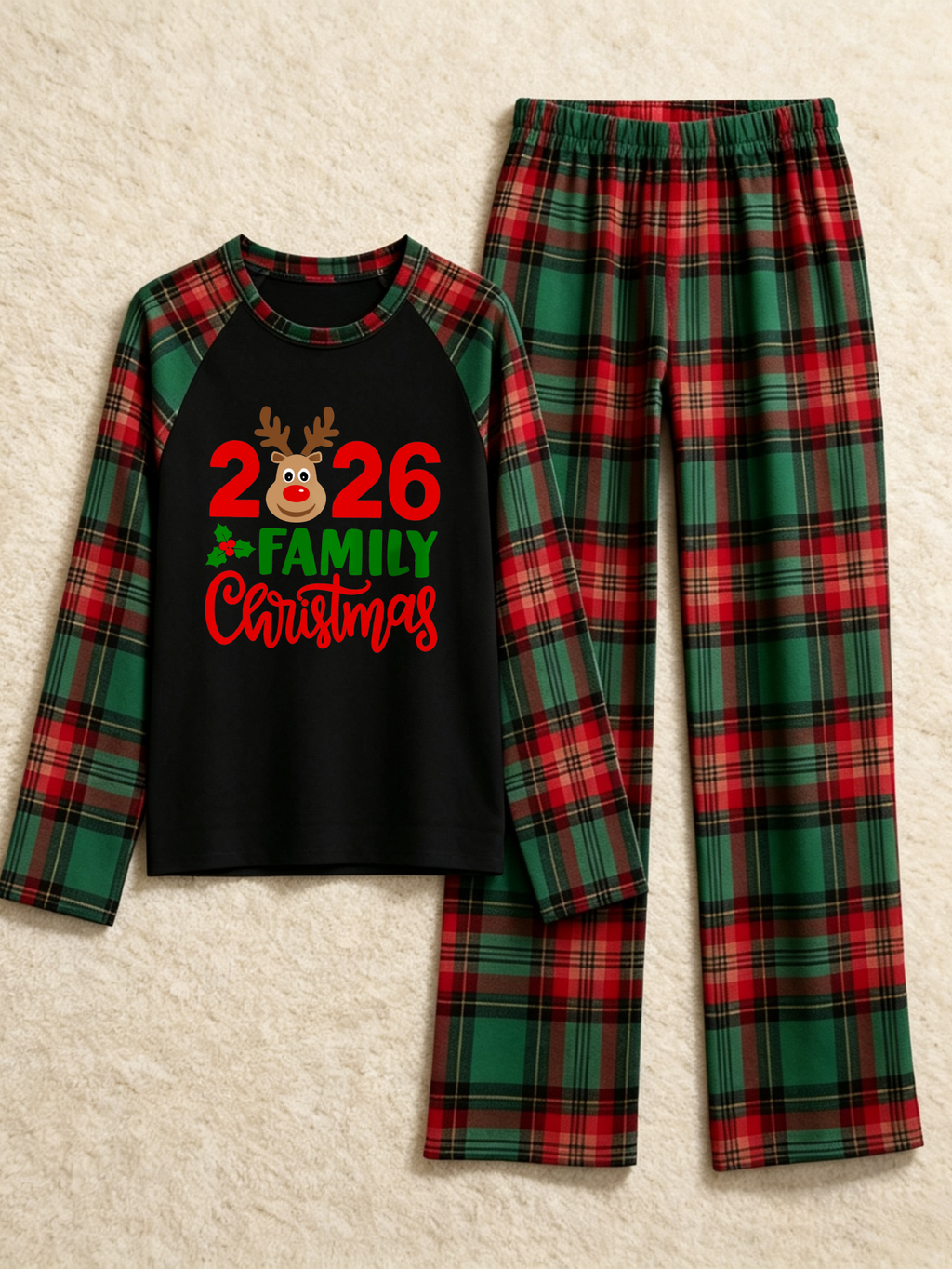 Reindeer 2026 Family Christmas Matching Holiday Sleepwear Red Green Plaid Pants