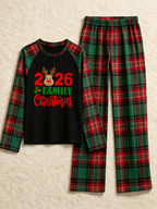 Reindeer 2026 Family Christmas Matching Holiday Sleepwear Red Green Plaid Pants
