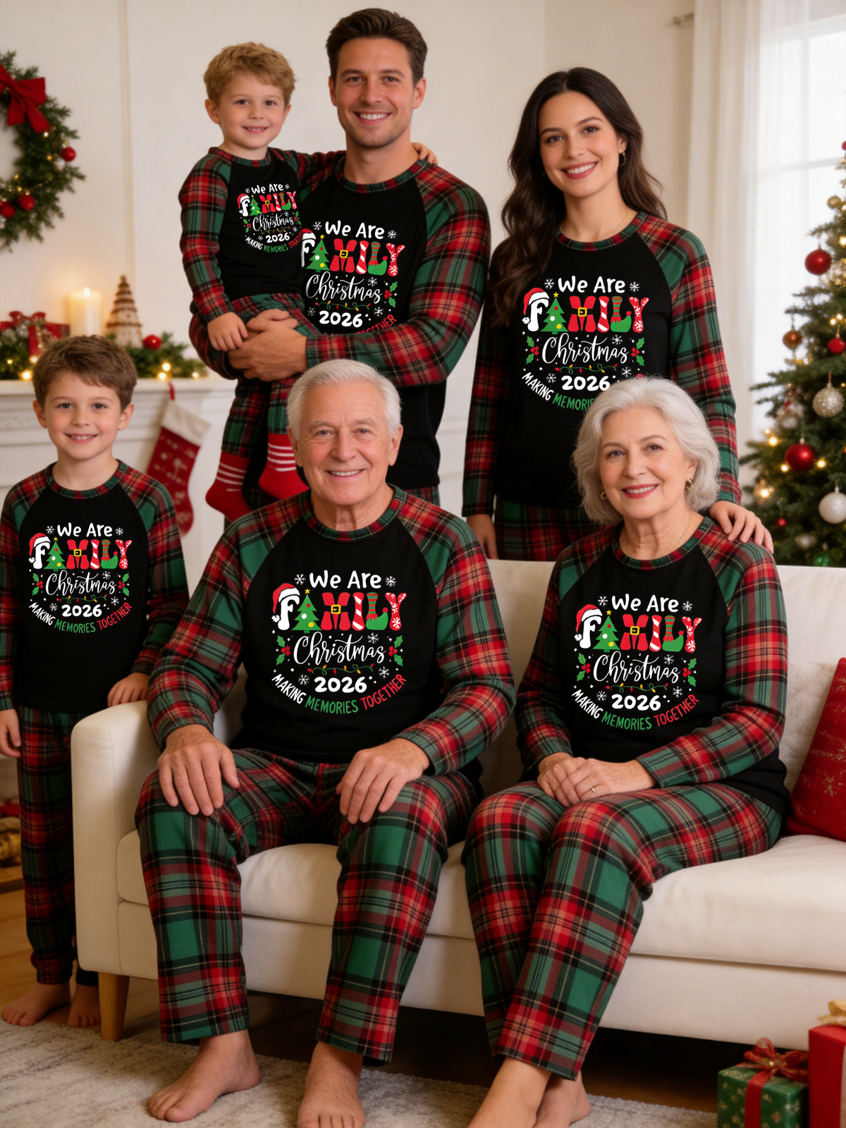 Making Memories Together 2026 Family Christmas Pajamas Red Green Checkered Plaid Set