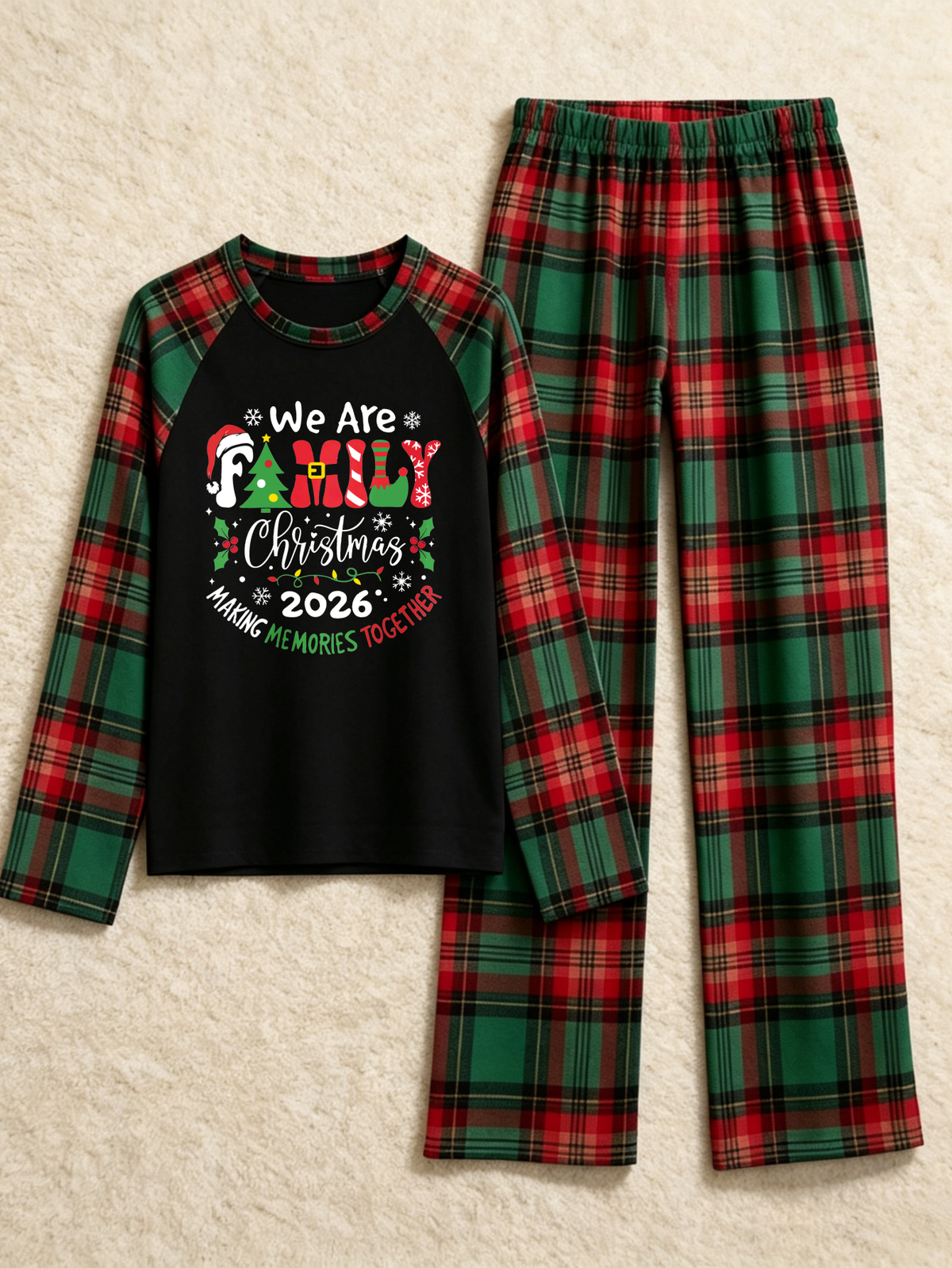 Making Memories Together 2026 Family Christmas Pajamas Red Green Checkered Plaid Set