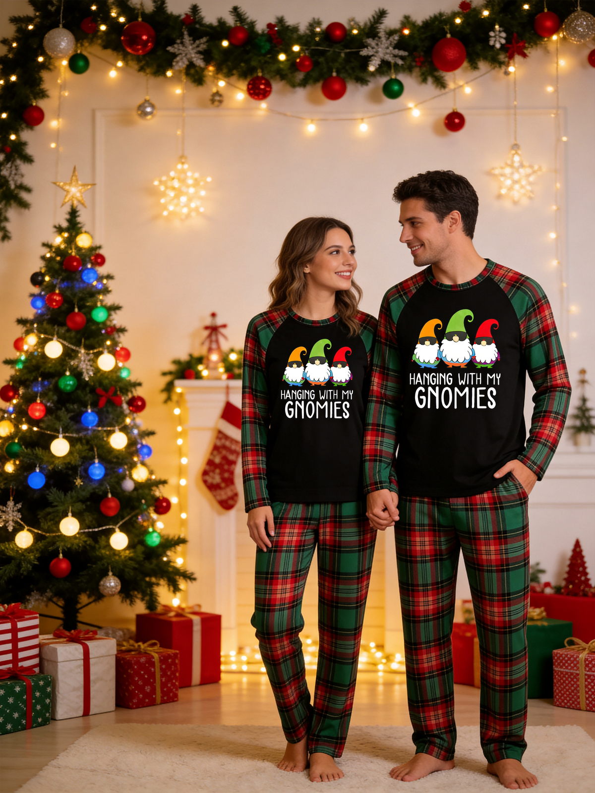 Hanging With My Gnomies Christmas Family Pajamas Red Green Tartan Plaid Bottoms