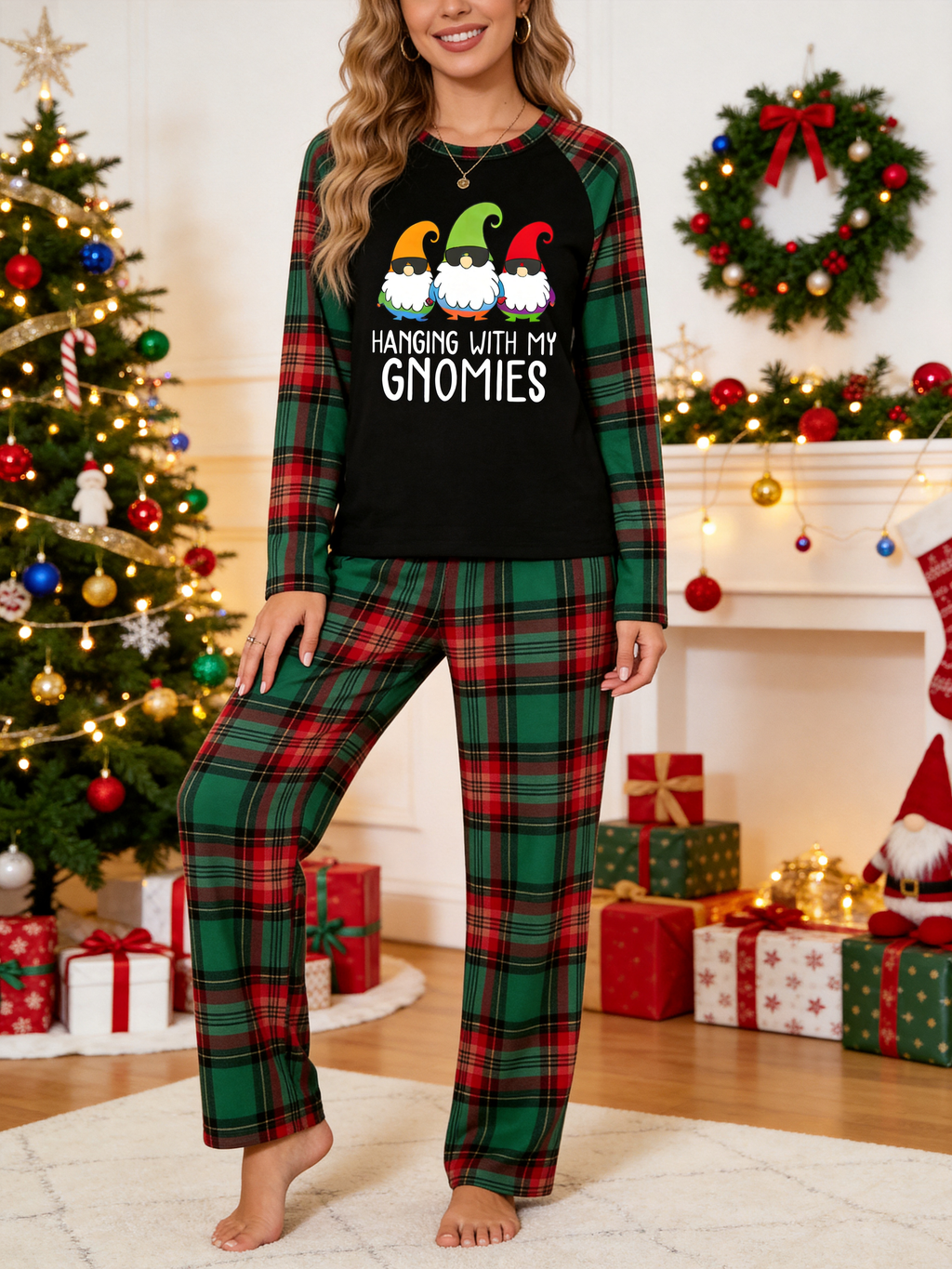 Hanging With My Gnomies Christmas Family Pajamas Red Green Tartan Plaid Bottoms