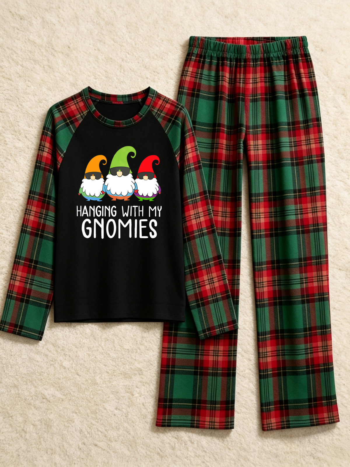 Hanging With My Gnomies Christmas Family Pajamas Red Green Tartan Plaid Bottoms