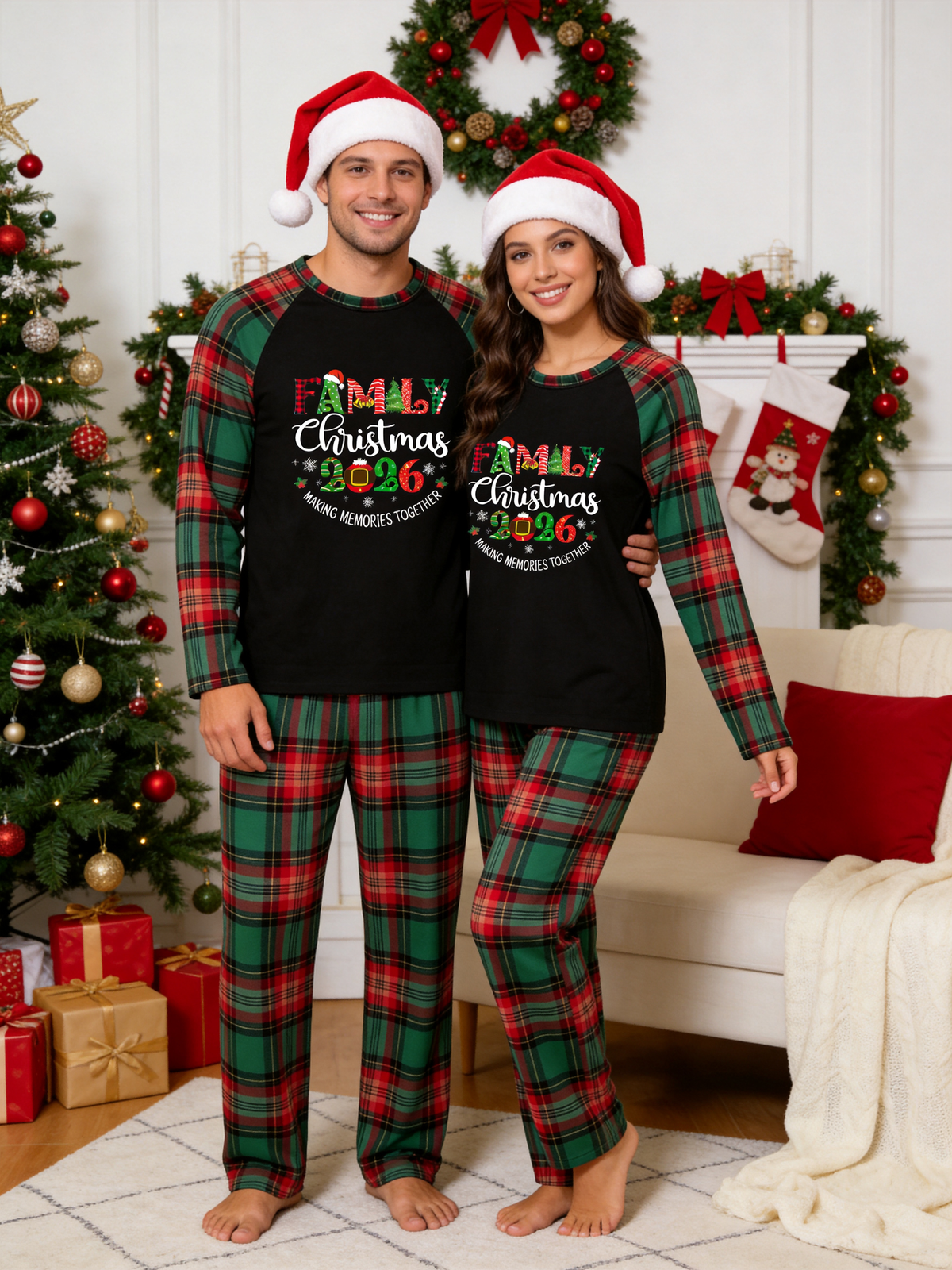 Famaly Christmas 2026 Making Memories Family Matching Pajamas Red Green Plaid Pants