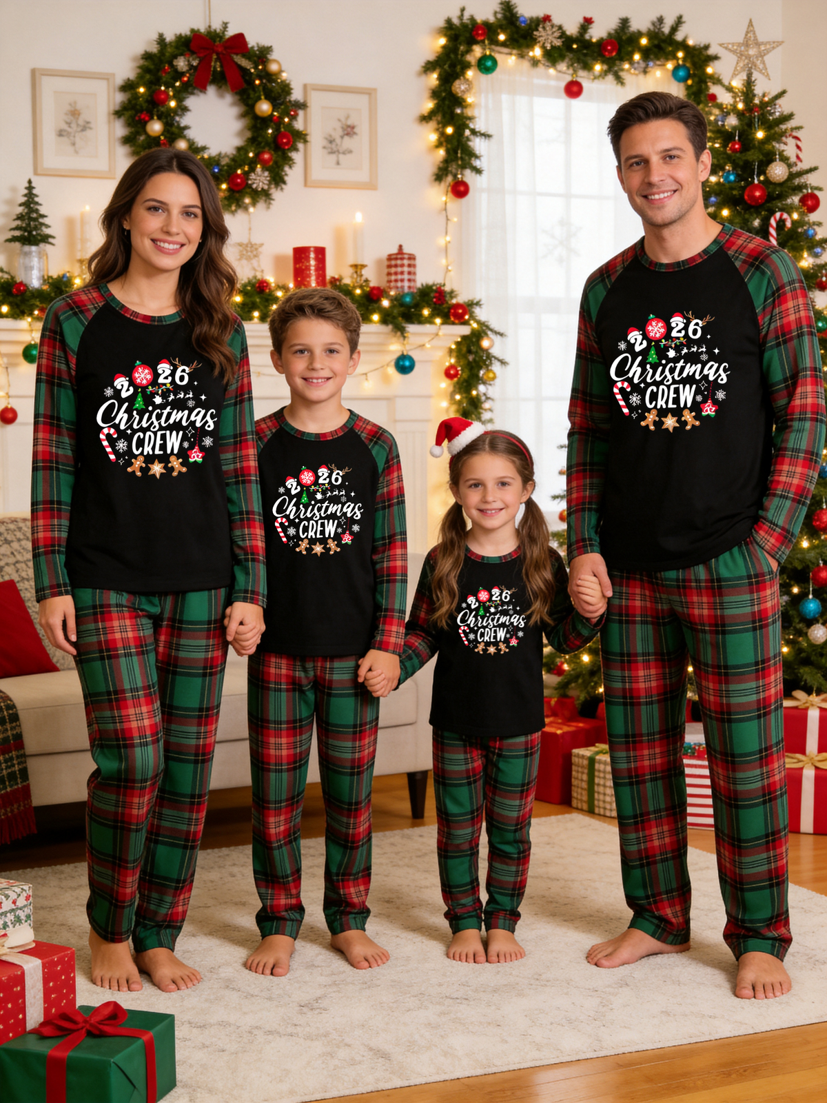 2026 Christmas Crew Candy Cane Gingerbread Holiday Family Matching Pajamas Plaid Pants