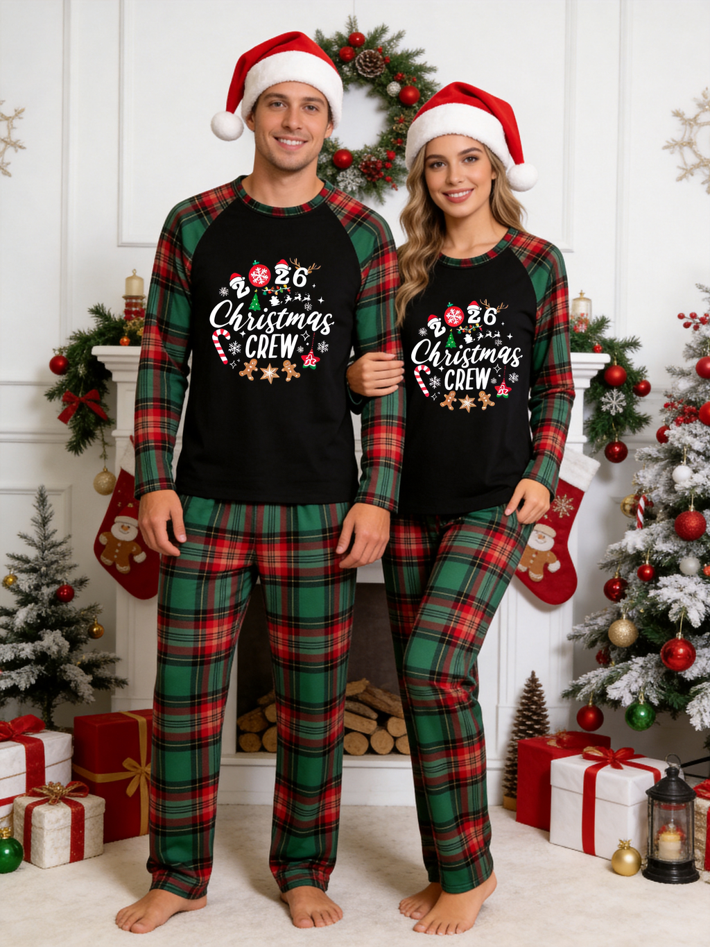 2026 Christmas Crew Candy Cane Gingerbread Holiday Family Matching Pajamas Plaid Pants