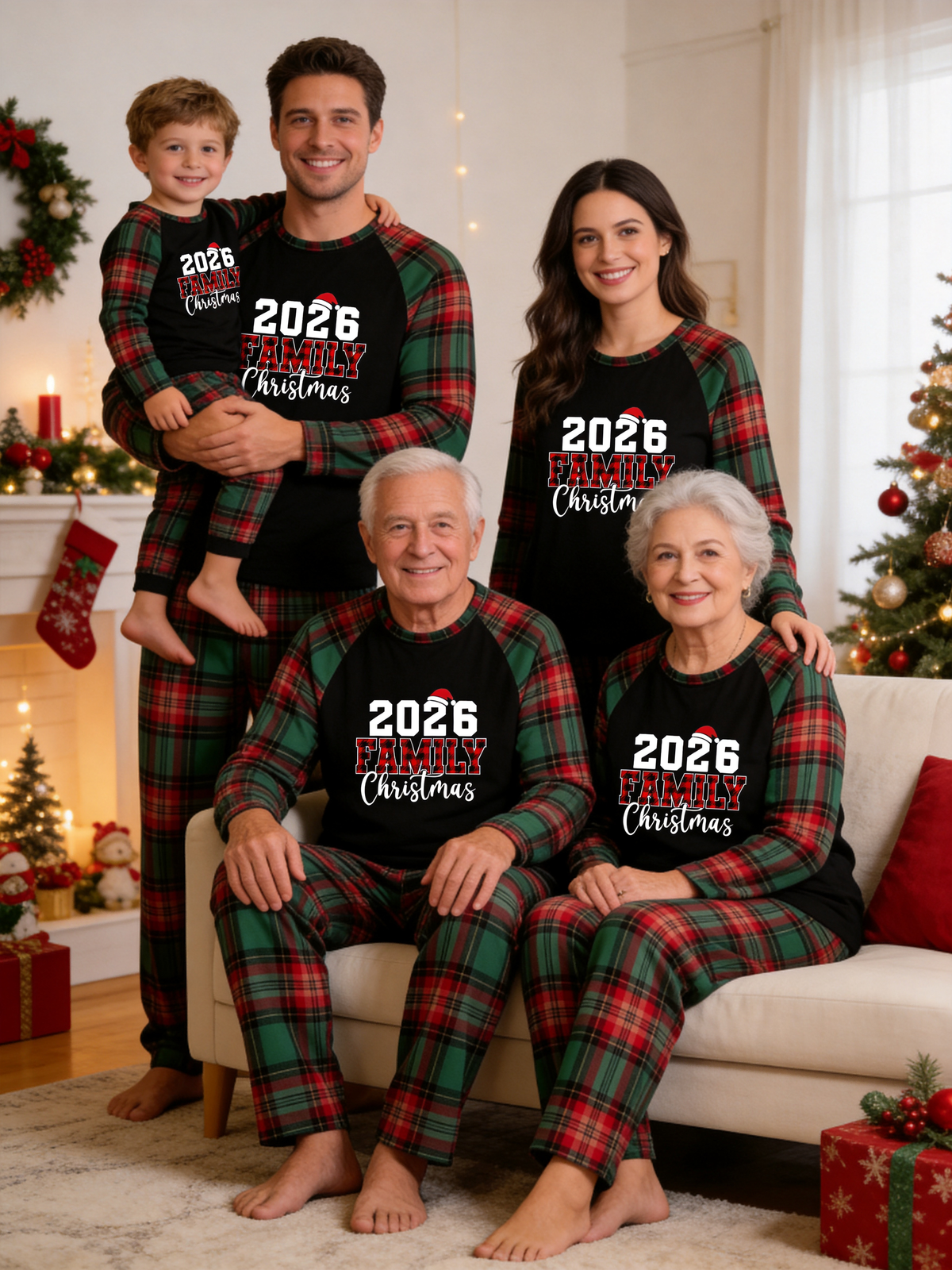 2026 Plaid Lettering FAMILY Christmas Matching Sleepwear Red Green Tartan Pants