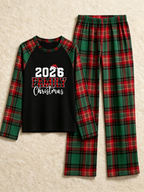 2026 Plaid Lettering FAMILY Christmas Matching Sleepwear Red Green Tartan Pants