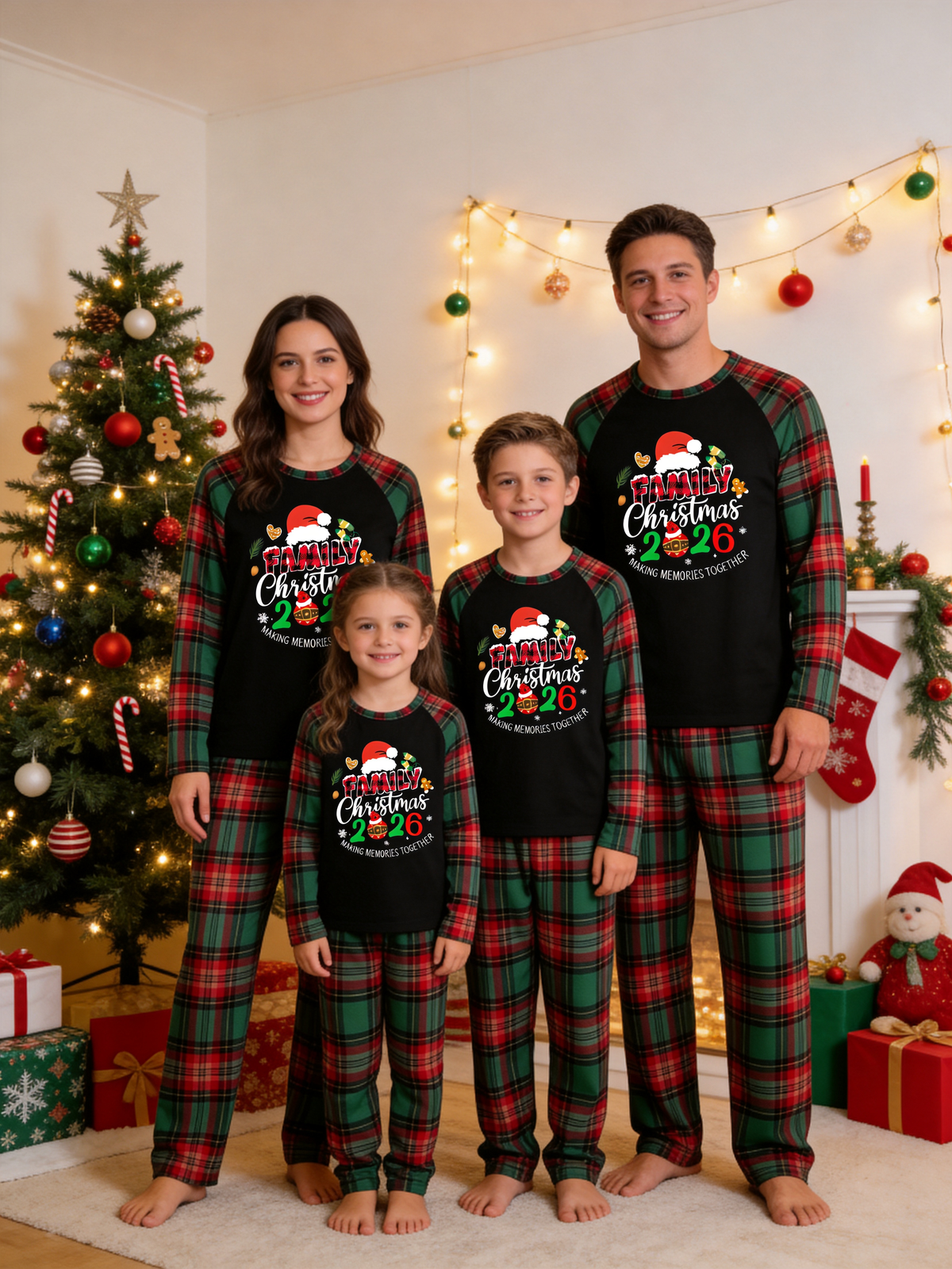 Family Christmas 2026 Making Memories Santa Hat Print Red Green Checkered Pajama Set