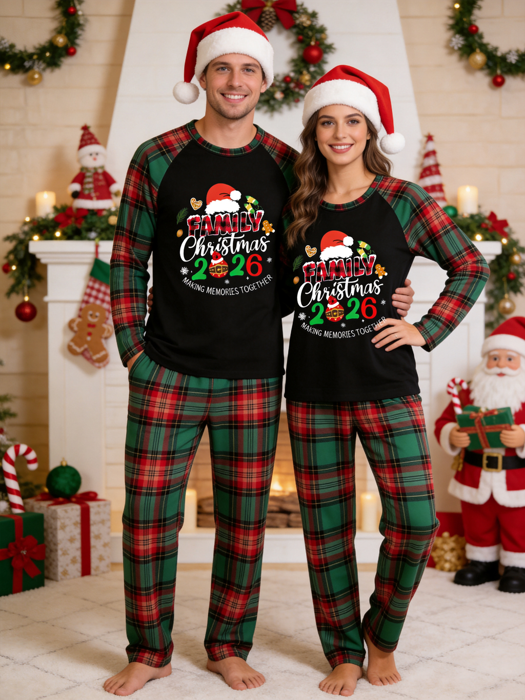 Family Christmas 2026 Making Memories Santa Hat Print Red Green Checkered Pajama Set