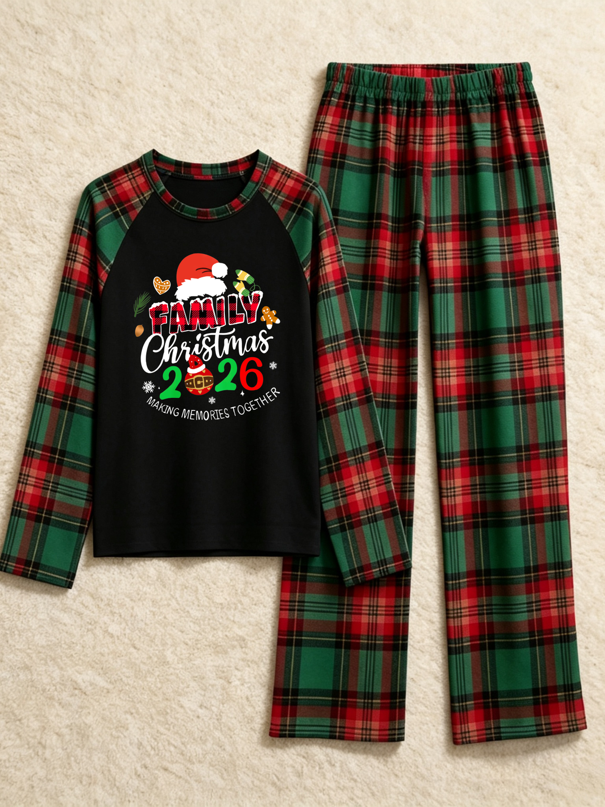 Family Christmas 2026 Making Memories Santa Hat Print Red Green Checkered Pajama Set