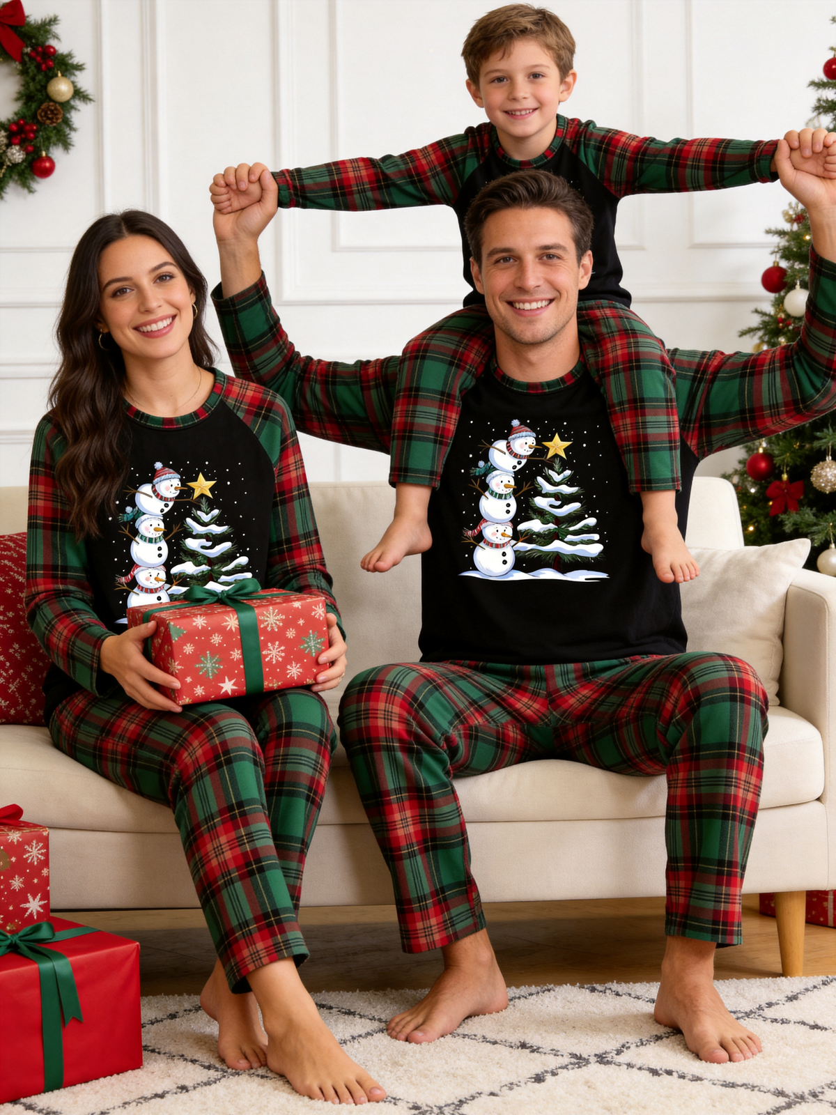 Snowmen Stacking Christmas Tree Graphic Holiday Matching Family Tartan Plaid Pajamas
