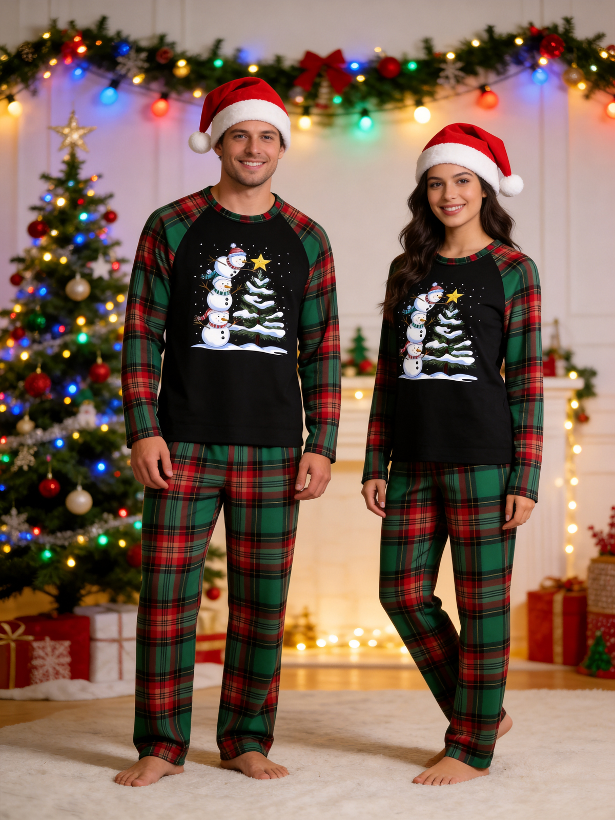 Snowmen Stacking Christmas Tree Graphic Holiday Matching Family Tartan Plaid Pajamas