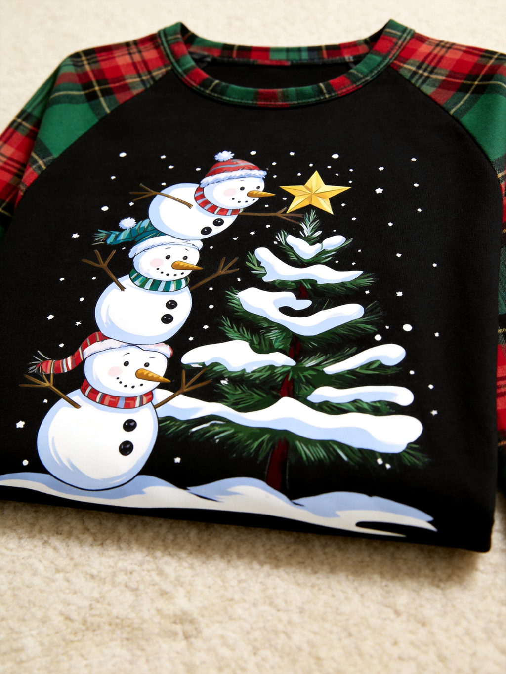 Snowmen Stacking Christmas Tree Graphic Holiday Matching Family Tartan Plaid Pajamas