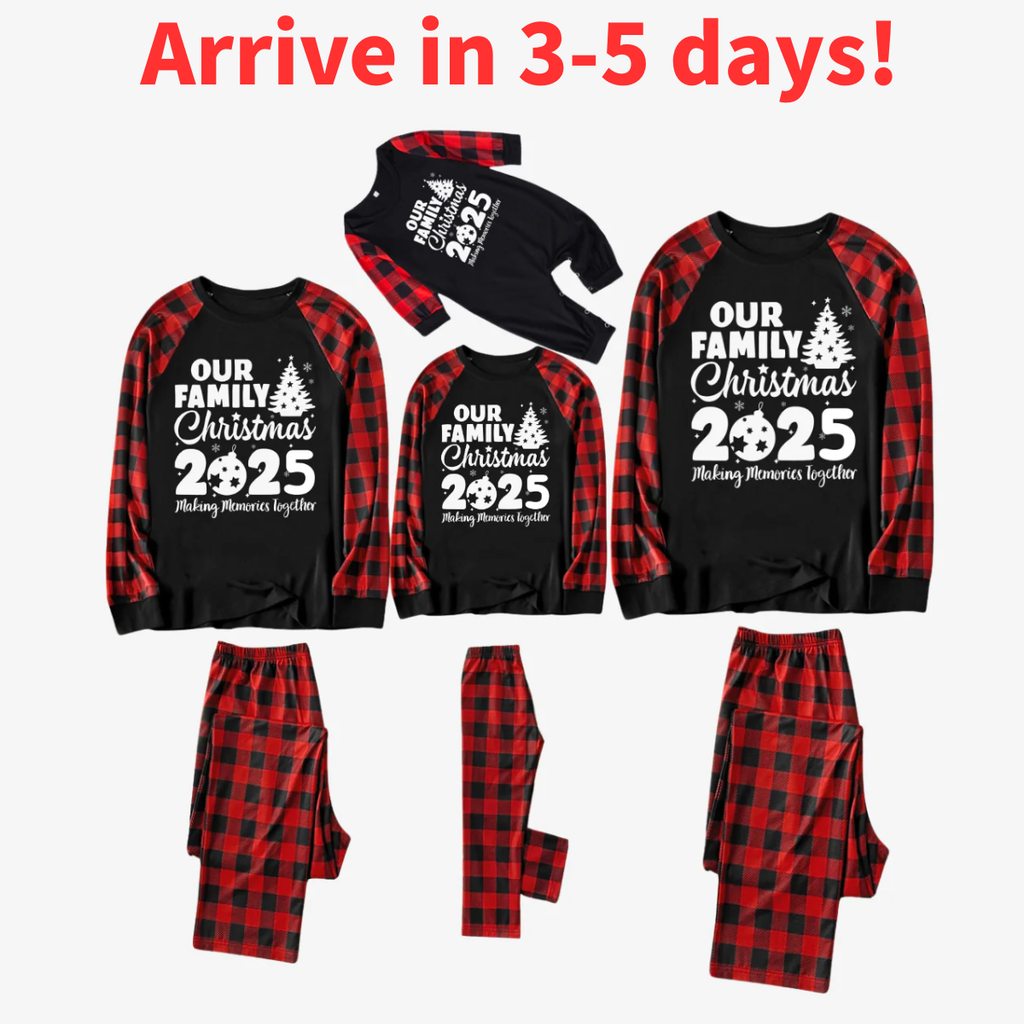 Arrive in 3-5 days - Christmas Tree & "2025 Making Memories Together" Patterned Contrast top and Black & Red Plaid Pants Family Matching Pajamas Set