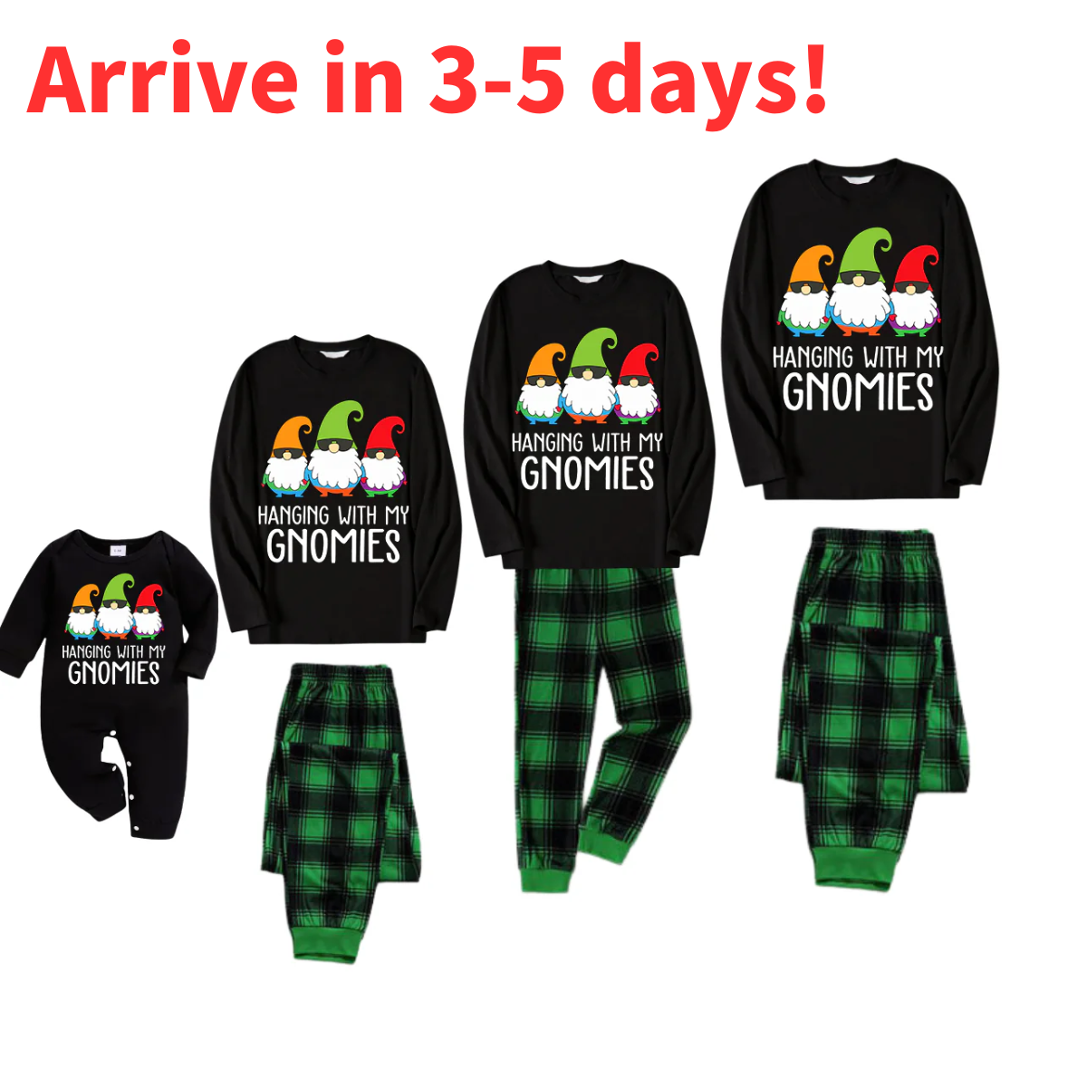 "HANGING WITH MY GNOMIES" Green and Black Plaid Family Matching Pajamas