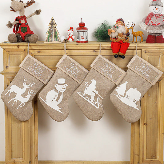 Merry Christmas Santa Snowman Elk House Printed Khaki Linen Christmas Socks Gift Bag Home Decoration