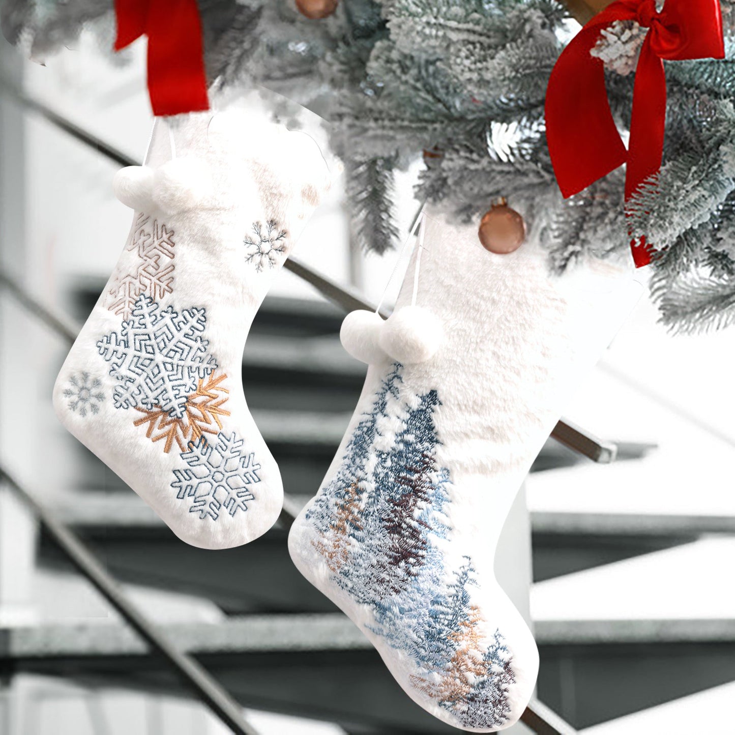 Christmas Hotel Living Room Decoration Double Ball Snowflake/Forest White Christmas Socks Gift Bag