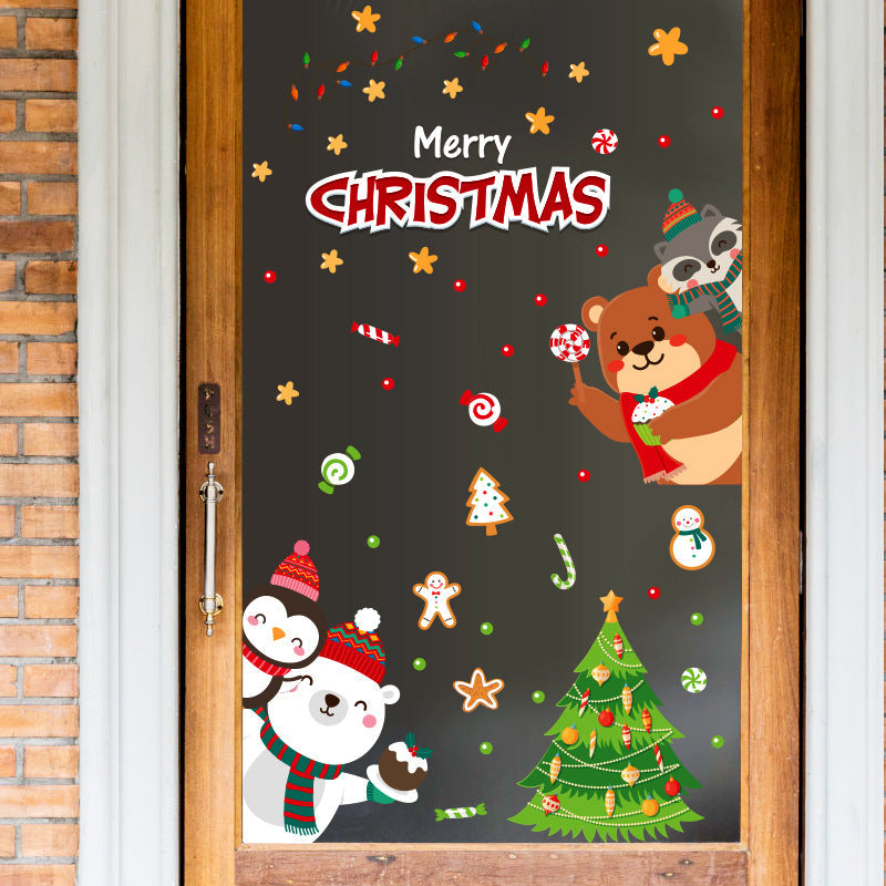 Christmas Cartoon Santa Snowman Penguin Fox Polar Bear Gift Bag Sleigh Electrostatic Wall Window Sticker SKJD2316