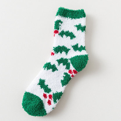Elk Santa Snowman Snowflake Tree Striped Belt Print Christmas Socks Fall Winter Ladies Thick Coral Velvet Socks 2 Pairs
