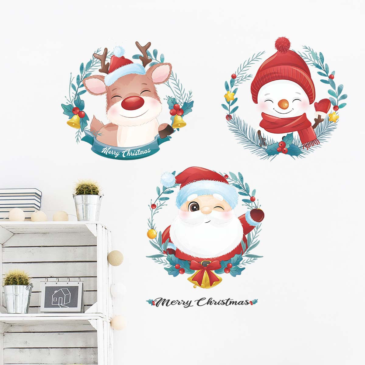 Christmas Cartoon Wreath Santa Deer Snowman Window Glass Door Wall Sticker xmas022