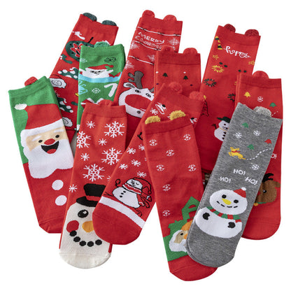 HO HO HO Christmas Striped Elk Tree Gift Santa Claus Snowman Cute Ears Cotton Tube Socks 5Pairs
